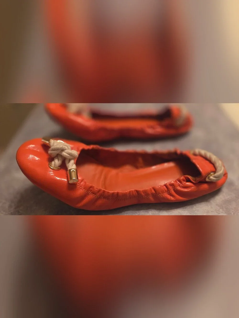 Tory Burch Orange Leather Rope-Tie Ballet Flats
